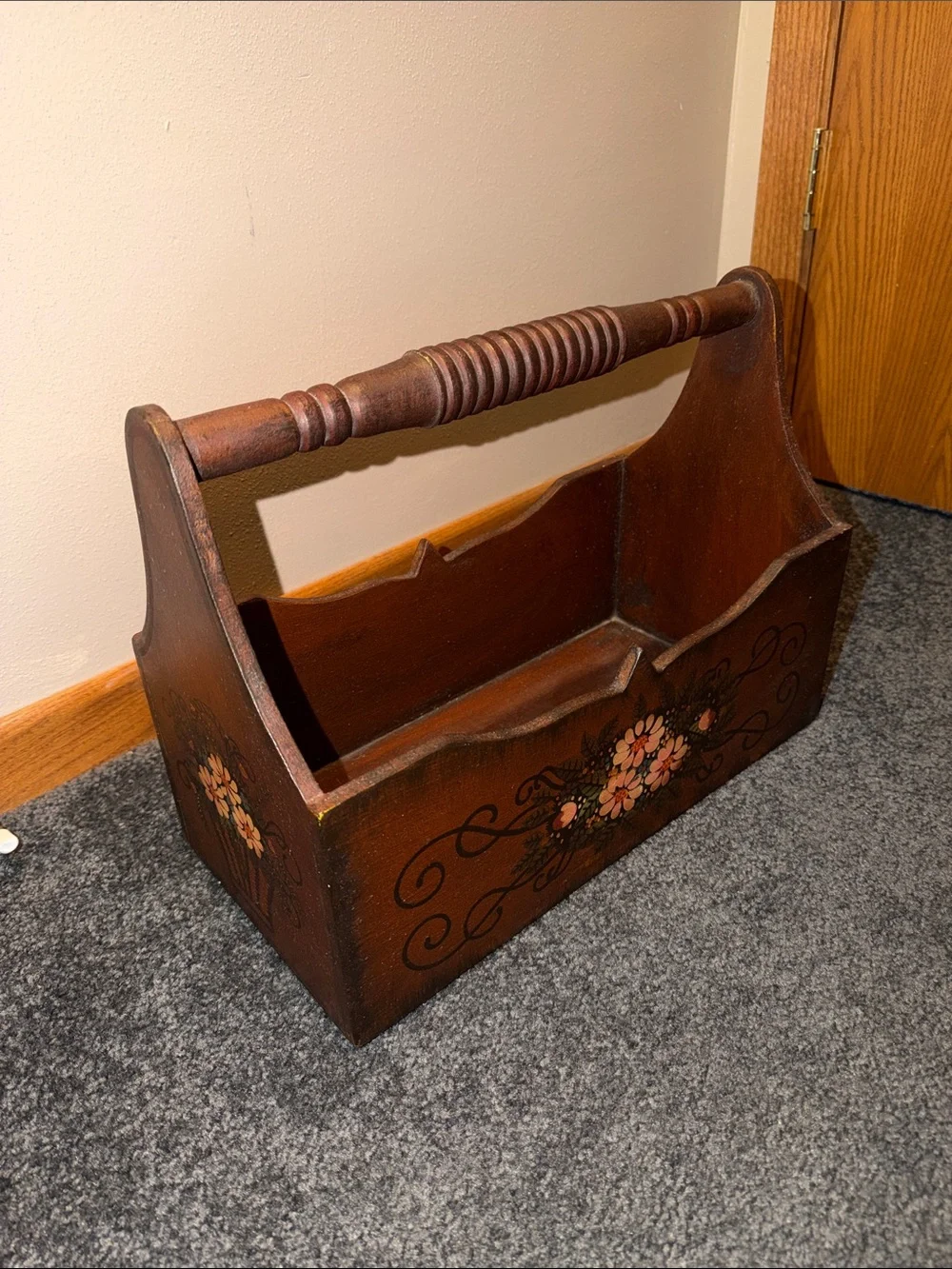 Vintage Wooden Hand-Painted Floral Caddy Storage Magazine Holder Box
